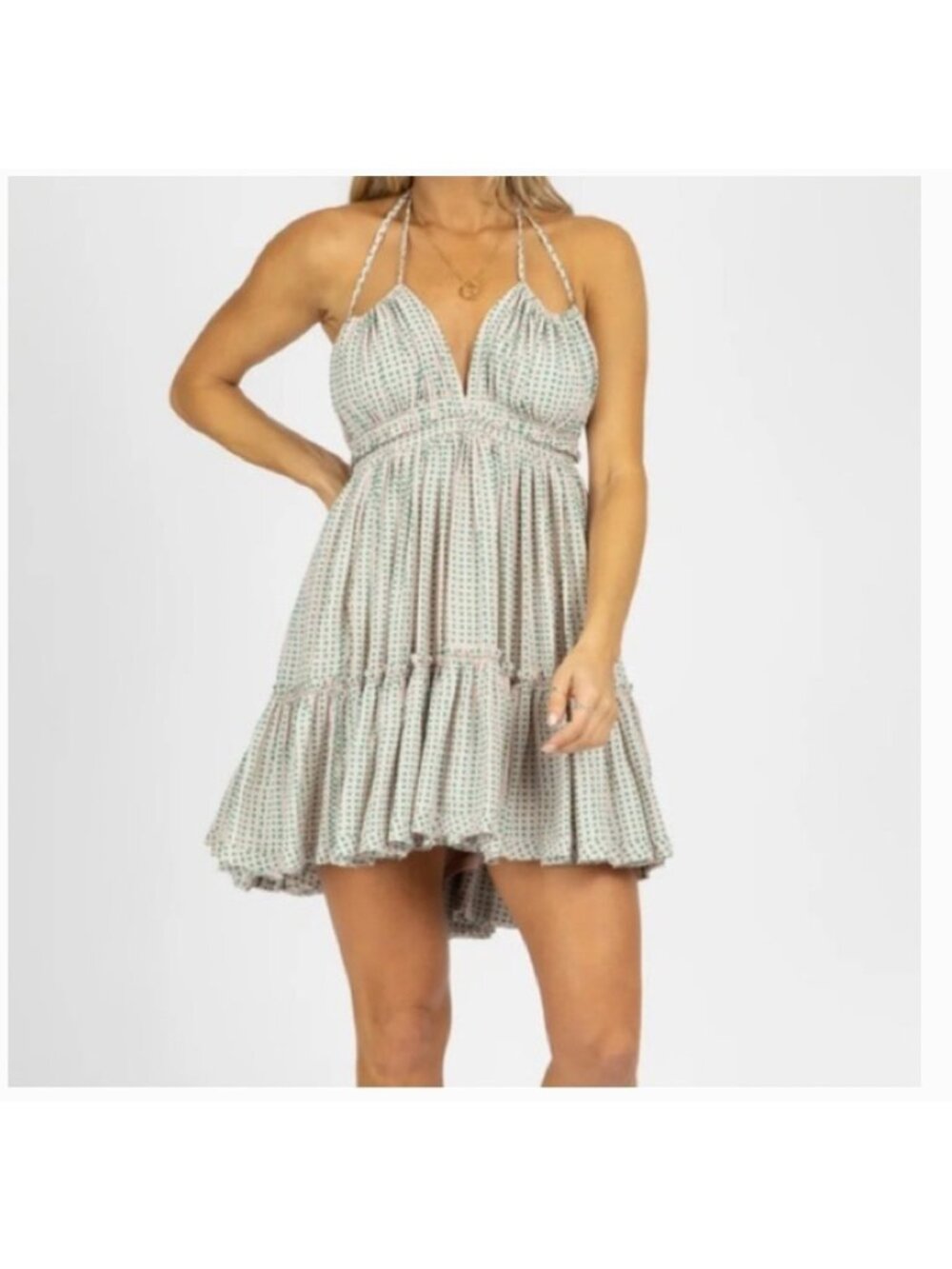 RESET Dress Womens Small Pink Polka Dot Halter Mini Tassel Tiered